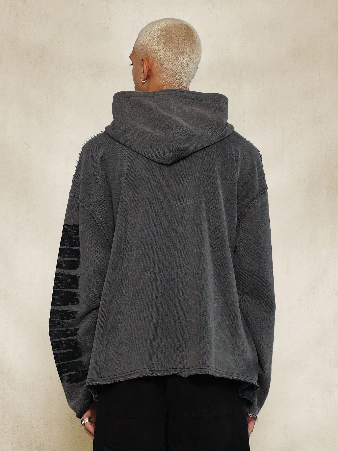 Raw Seams Layered Grunge Loopback Hoodie With Blur Print Effect Sleeve And Front