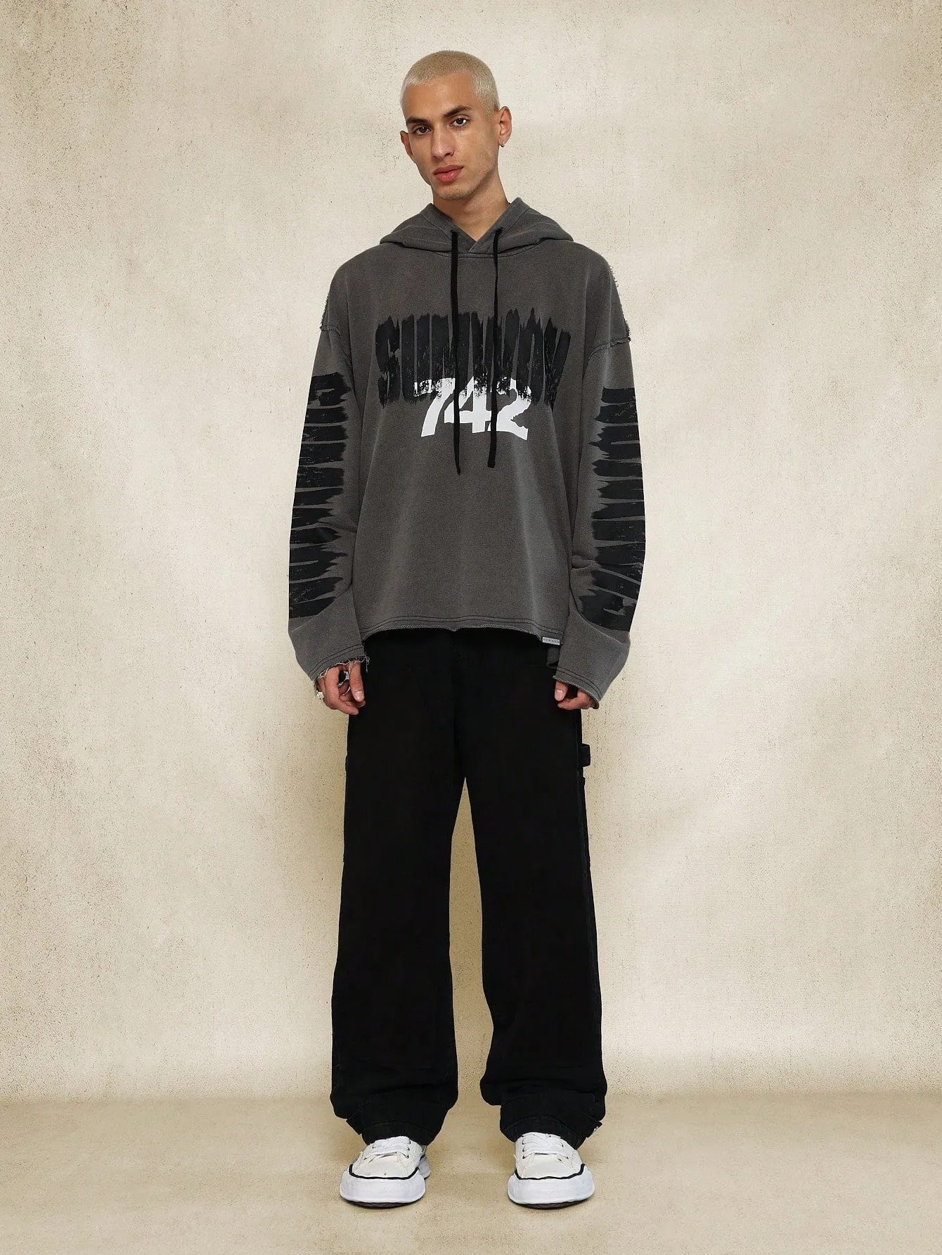 Raw Seams Layered Grunge Loopback Hoodie With Blur Print Effect Sleeve And Front