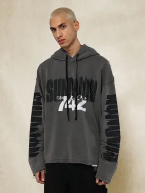 Raw Seams Layered Grunge Loopback Hoodie With Blur Print Effect Sleeve And Front