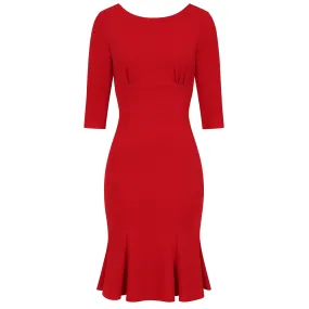 Red 1940's Vintage 3/4 Sleeve Bodycon Peplum Hem Dress