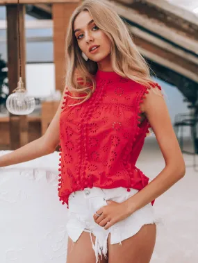 Red Stand Collar Mock-neck Pompom Trim Sleeveless Schiffy Top