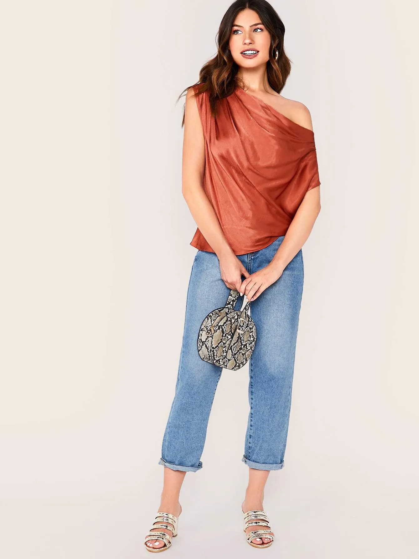 Red Asymmetrical Neck Gathered Shoulder Silky Top