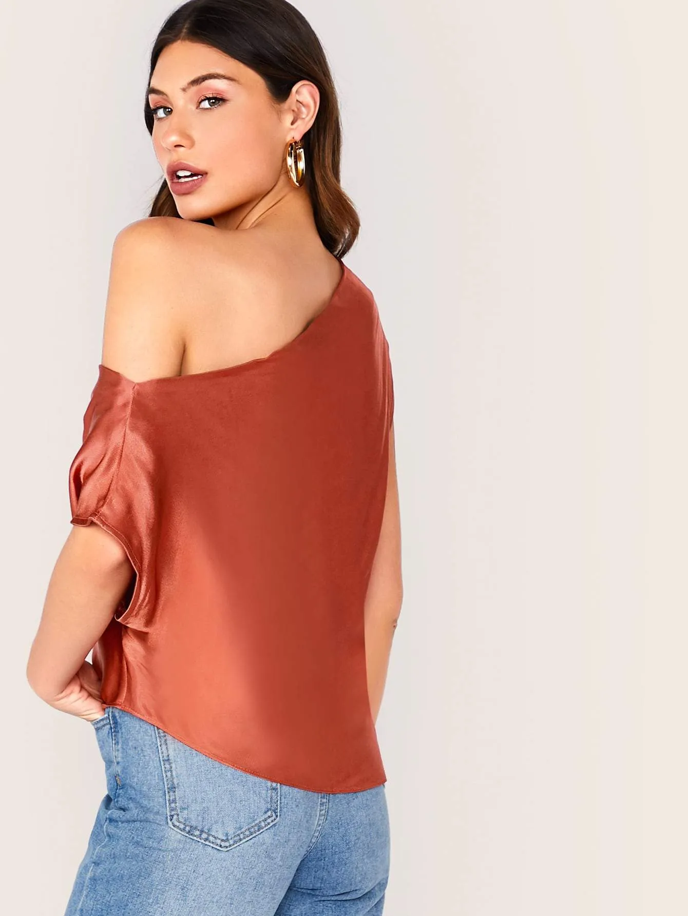 Red Asymmetrical Neck Gathered Shoulder Silky Top