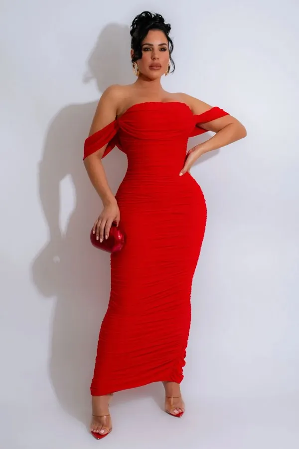 SCARLET ELEGANCE RUCHED MESH DRESS