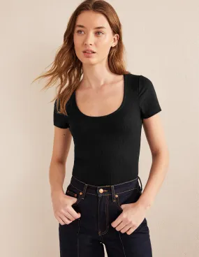 Scoop Neck Ribbed Top-Black