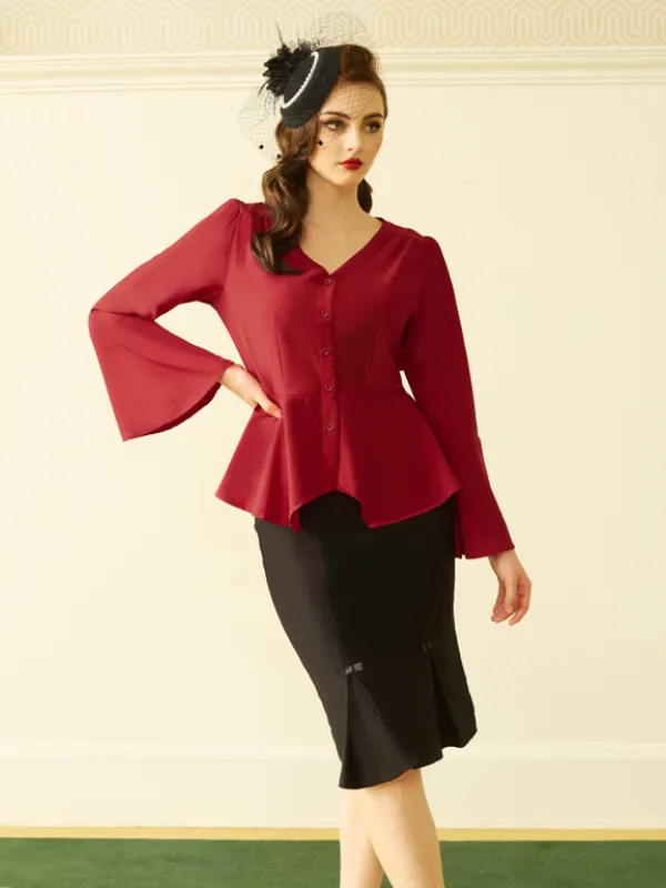 Seckill Offer⌛Vintage Peplum Button Down Blouse Long Bell Sleeve V Neck Shirts Dressy Formal Tops