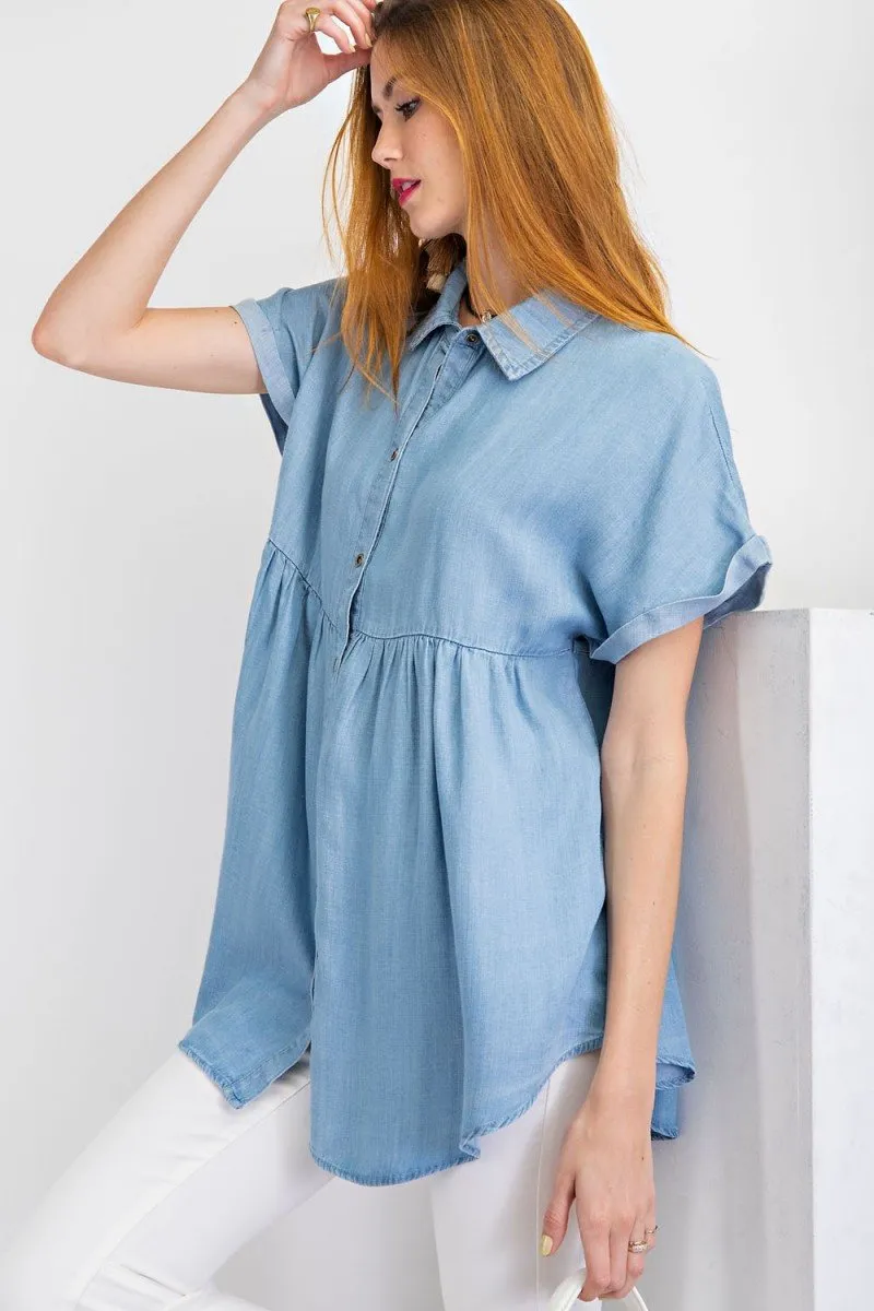 Short sleeve washed denim button down shirt tunic top