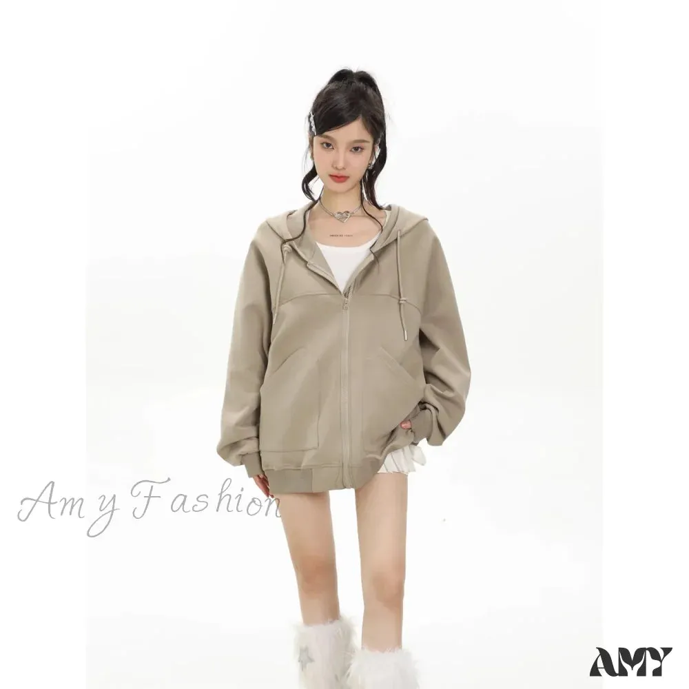 Solid Color Loose Hooded Harajuku Zip Up Long Sleeve Hoodie