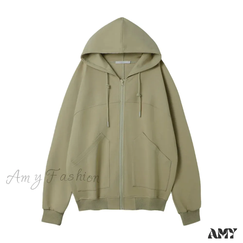 Solid Color Loose Hooded Harajuku Zip Up Long Sleeve Hoodie