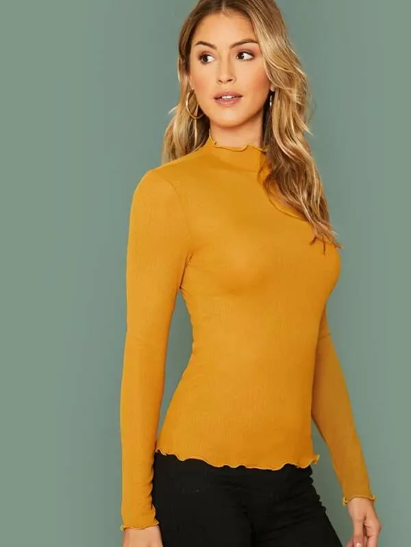 Stand Collar Mock-Neck Lettuce Trim Form Fitted Top