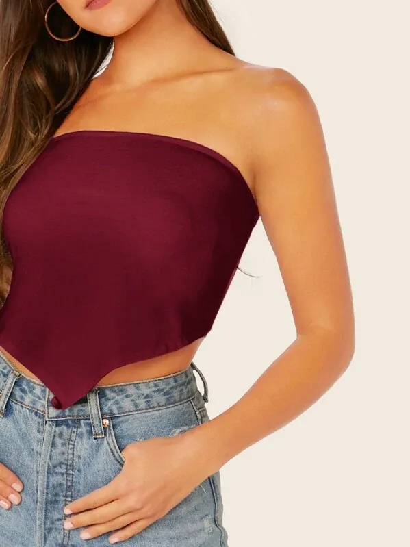 Strapless Sleeveless Solid Hanky Hem Crop Tube Top