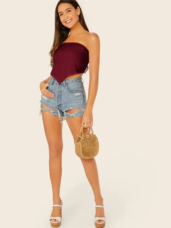 Strapless Sleeveless Solid Hanky Hem Crop Tube Top