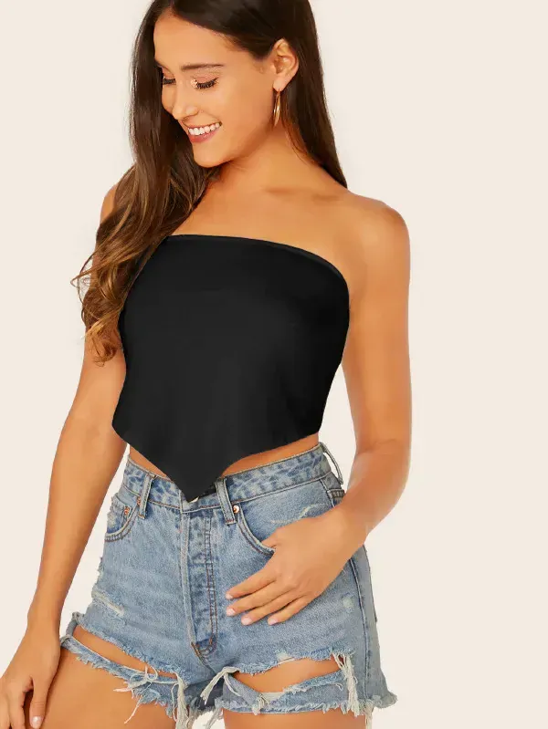 Strapless Sleeveless Solid Hanky Hem Crop Tube Top