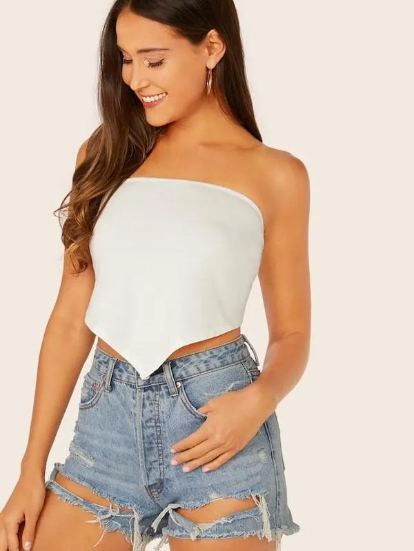 Strapless Sleeveless Solid Shirred Detail Asymmetrical Hem Tube Top