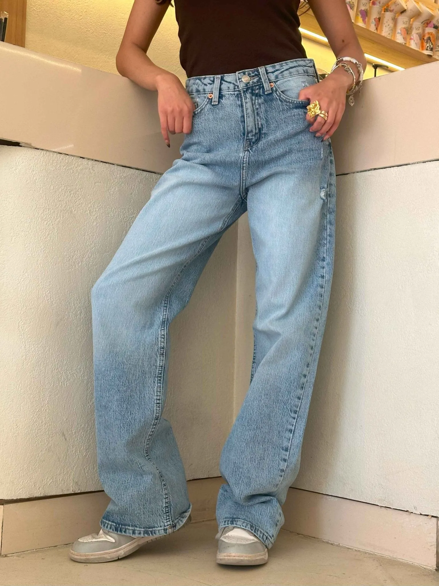 Ultra Comfort Wide Leg - Light Iced Blue Ripped Details Jeans.