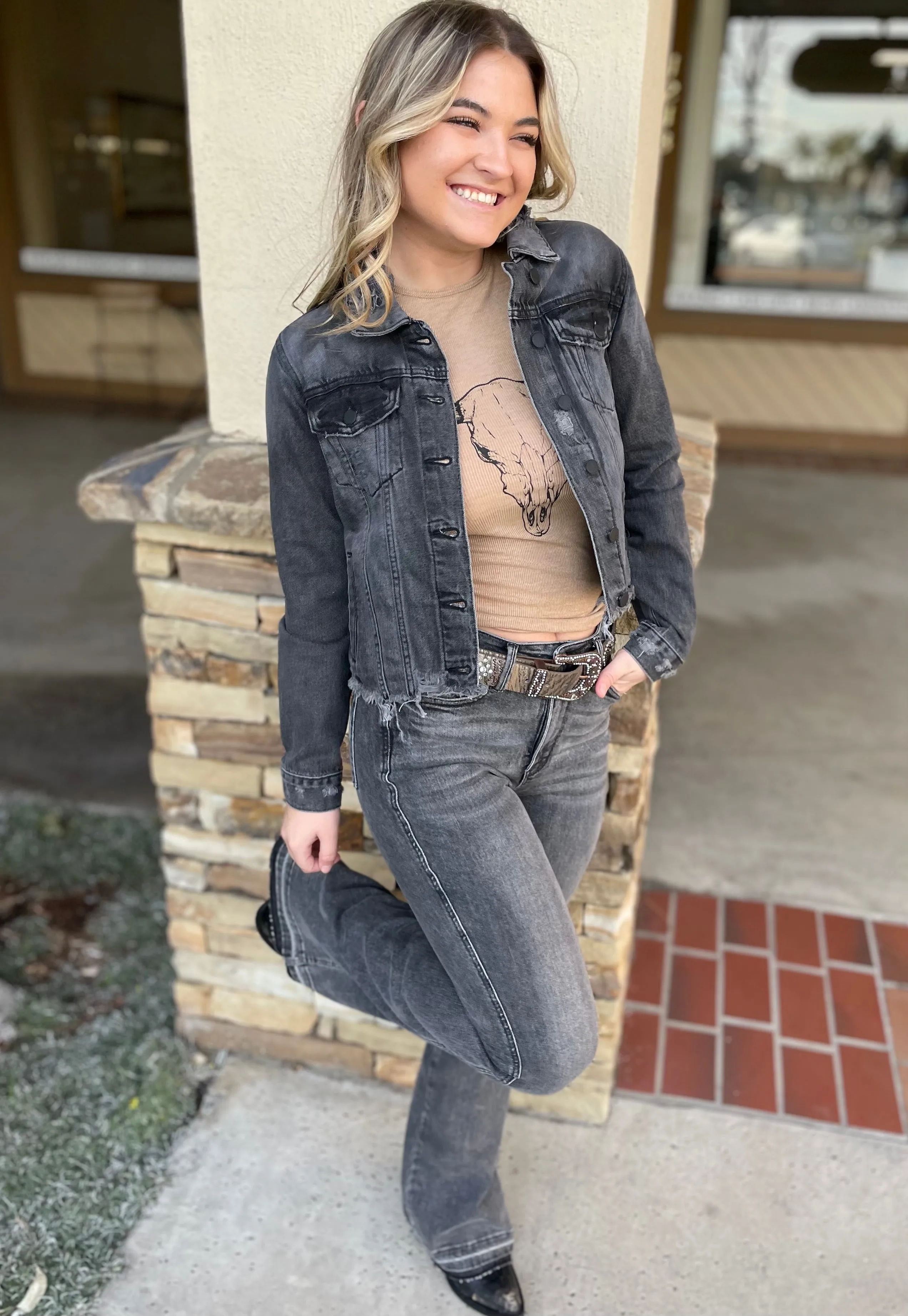 Vintage Distressed Washed Black Denim Jacket by Just Black Denim