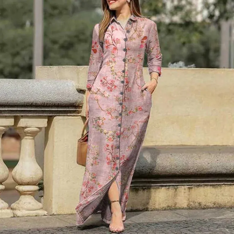 Vintage Flower Print Loose Shirt Dress Office Fashion Lapel Collar Button Party Dress 2023 Women Casual Long Sleeve Long Dresses