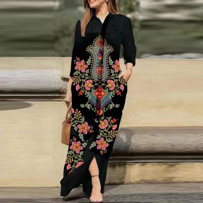 Vintage Flower Print Loose Shirt Dress Office Fashion Lapel Collar Button Party Dress 2023 Women Casual Long Sleeve Long Dresses