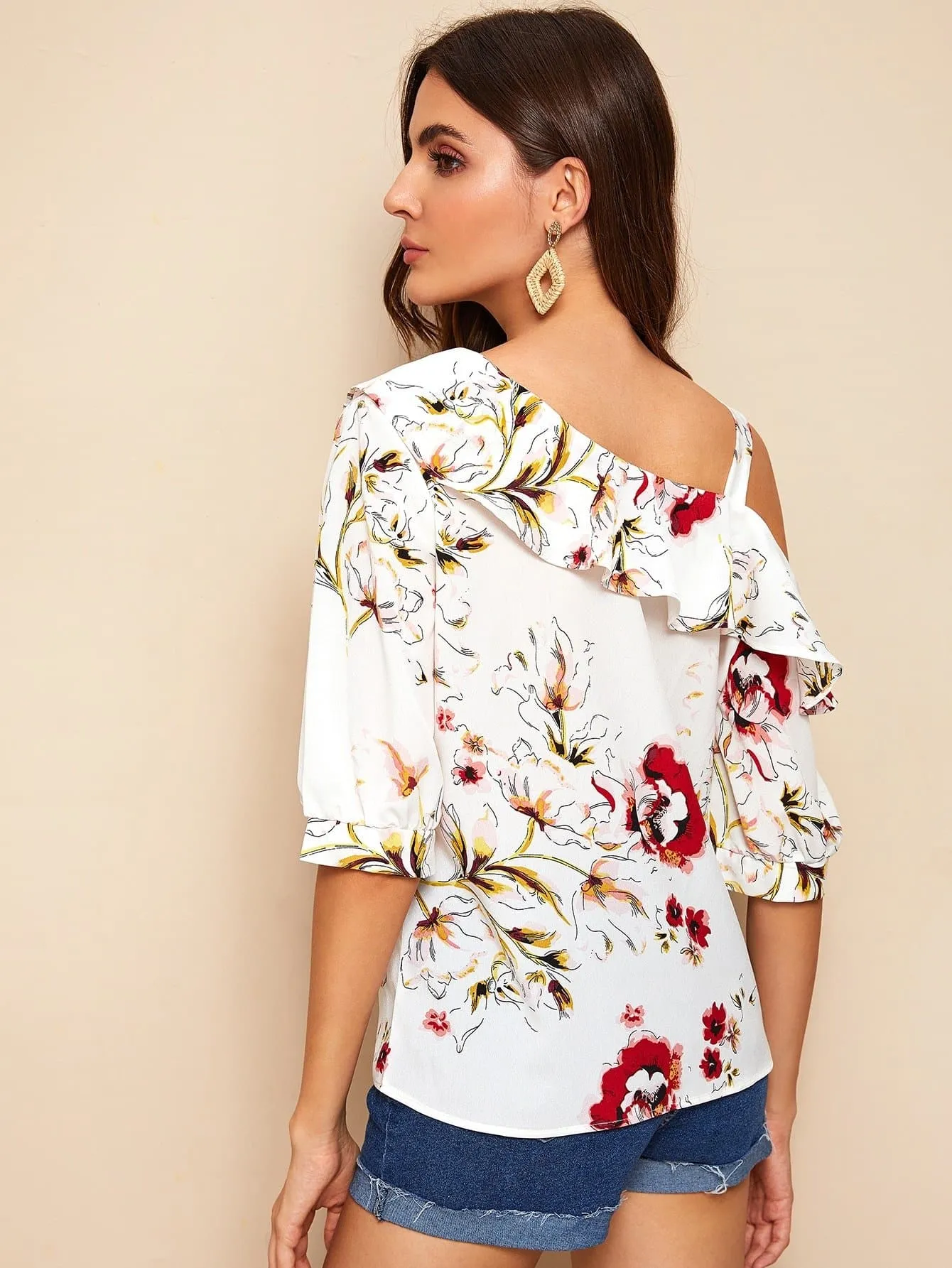 White Half Sleeve Floral Print Ruffle Trim Asymmetrical Neck Blouse Top