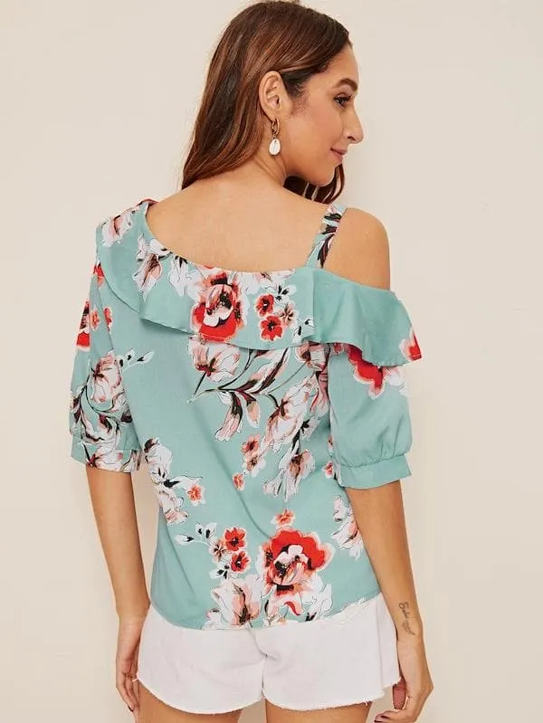 White Half Sleeve Floral Print Ruffle Trim Asymmetrical Neck Blouse Top