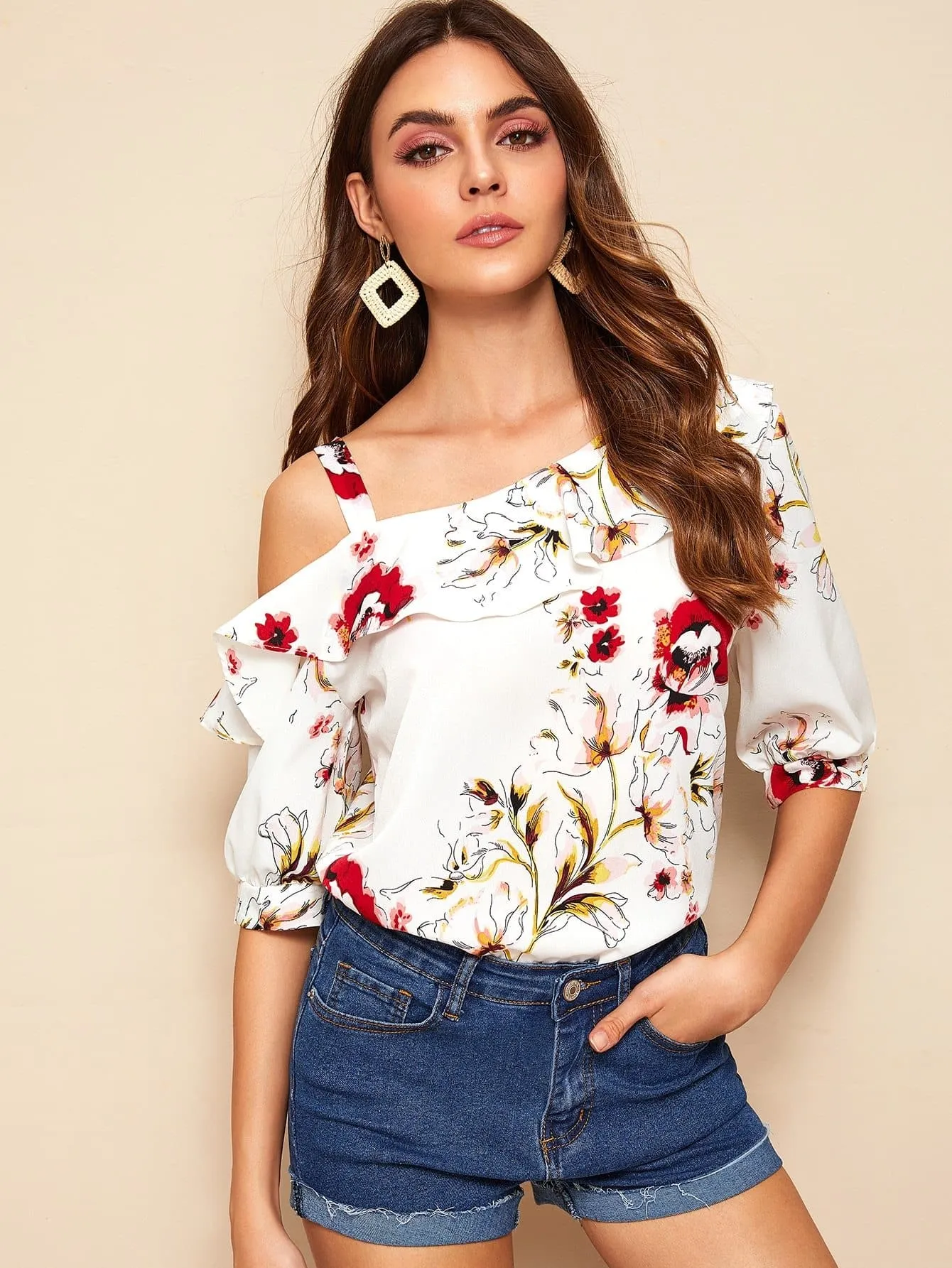 White Half Sleeve Floral Print Ruffle Trim Asymmetrical Neck Blouse Top