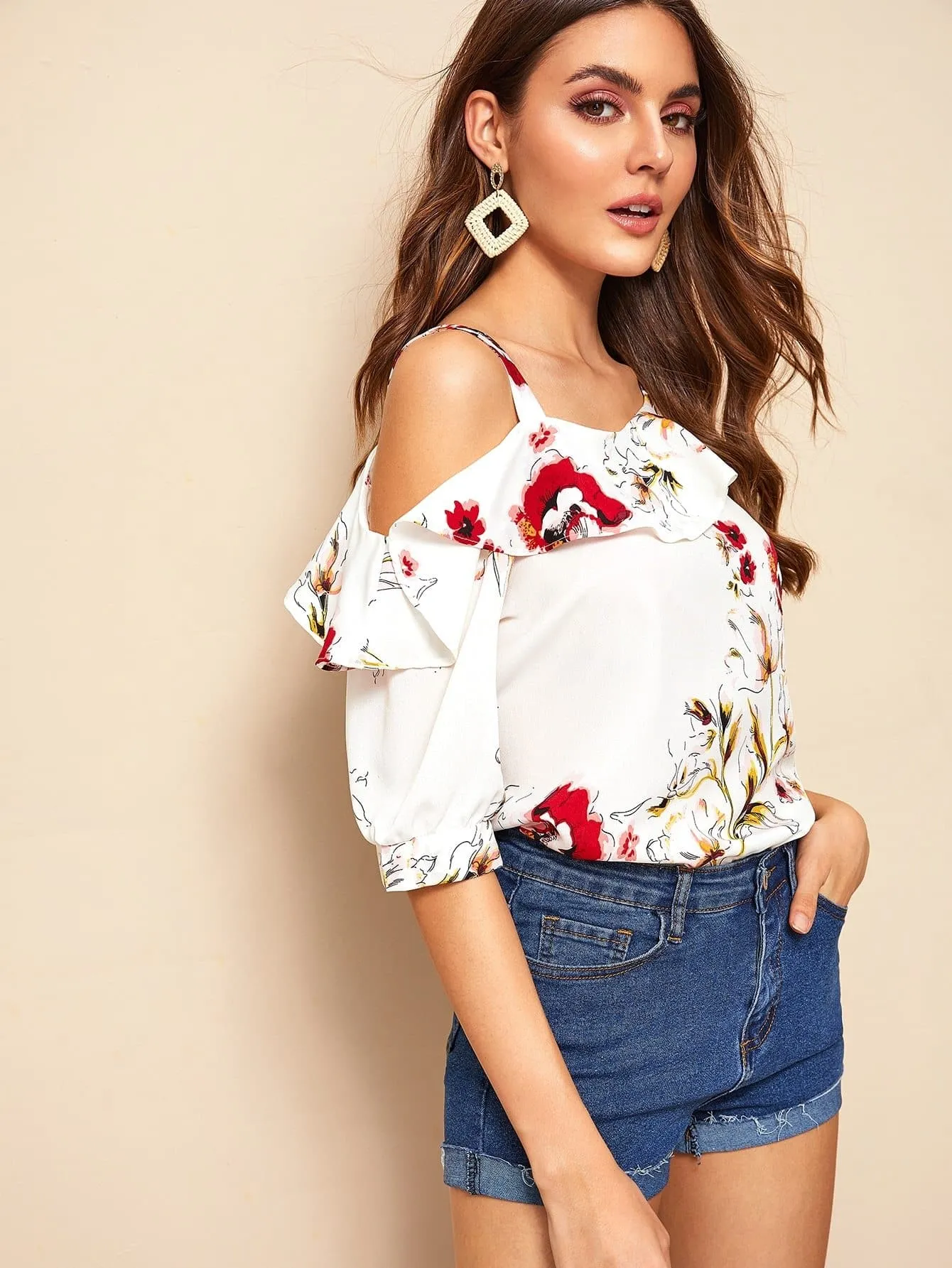 White Half Sleeve Floral Print Ruffle Trim Asymmetrical Neck Blouse Top