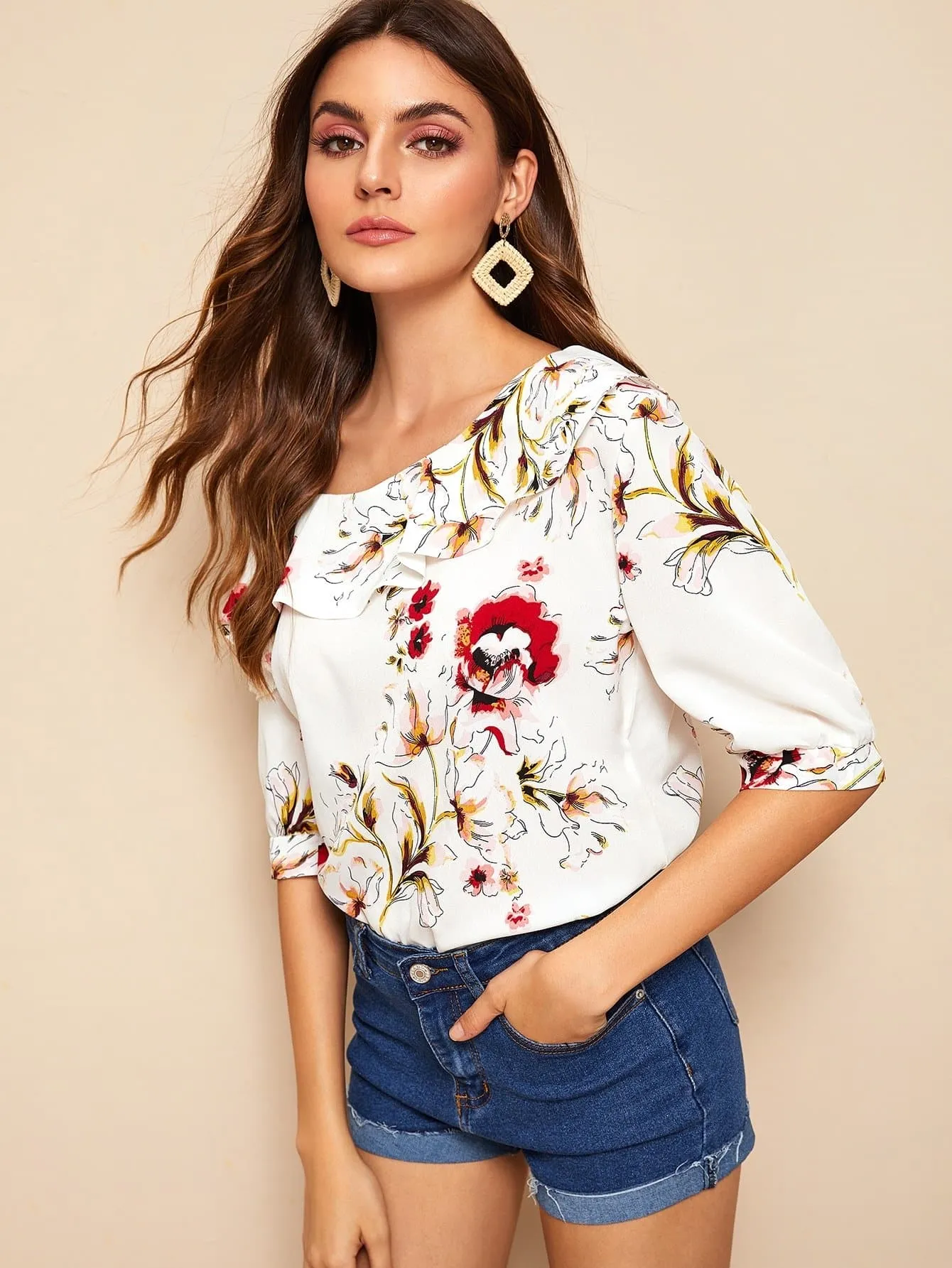 White Half Sleeve Floral Print Ruffle Trim Asymmetrical Neck Blouse Top