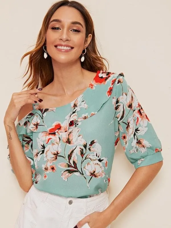 White Half Sleeve Floral Print Ruffle Trim Asymmetrical Neck Blouse Top