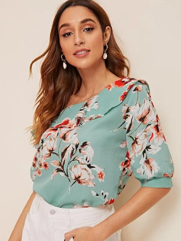 White Half Sleeve Floral Print Ruffle Trim Asymmetrical Neck Blouse Top