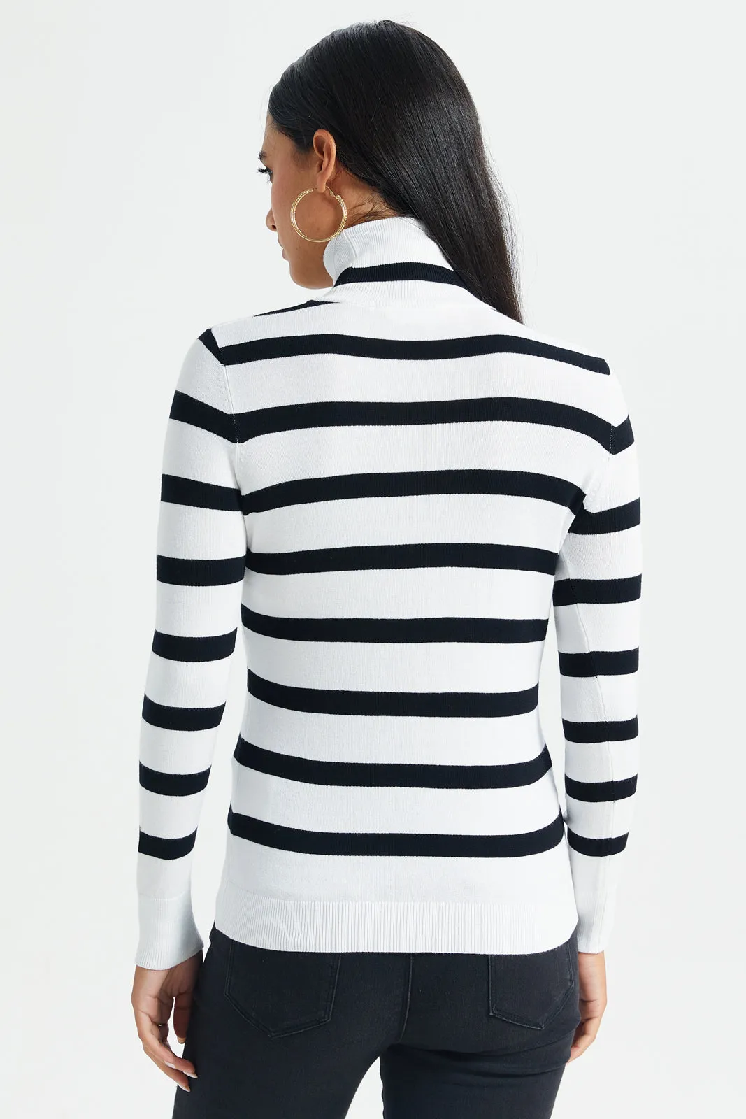 Women White With Black Stripes Turtle Neck Pullover