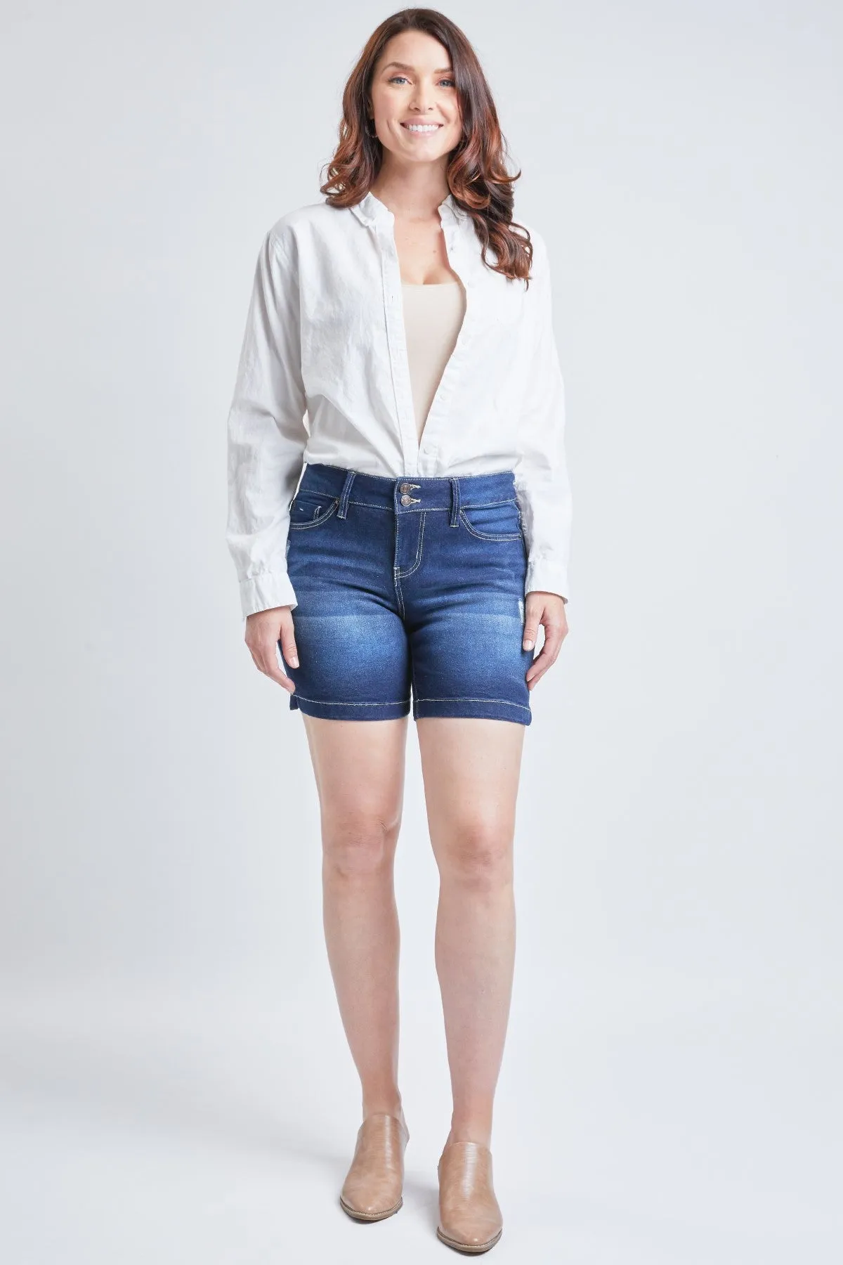 Women´s High Rise 2 Button Side Slit Hem Shorts-Distressed